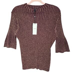 ME+EM Rib Metallic Knit Top Womens Large L NWT Merlot Bronze Mock Neck Blouse